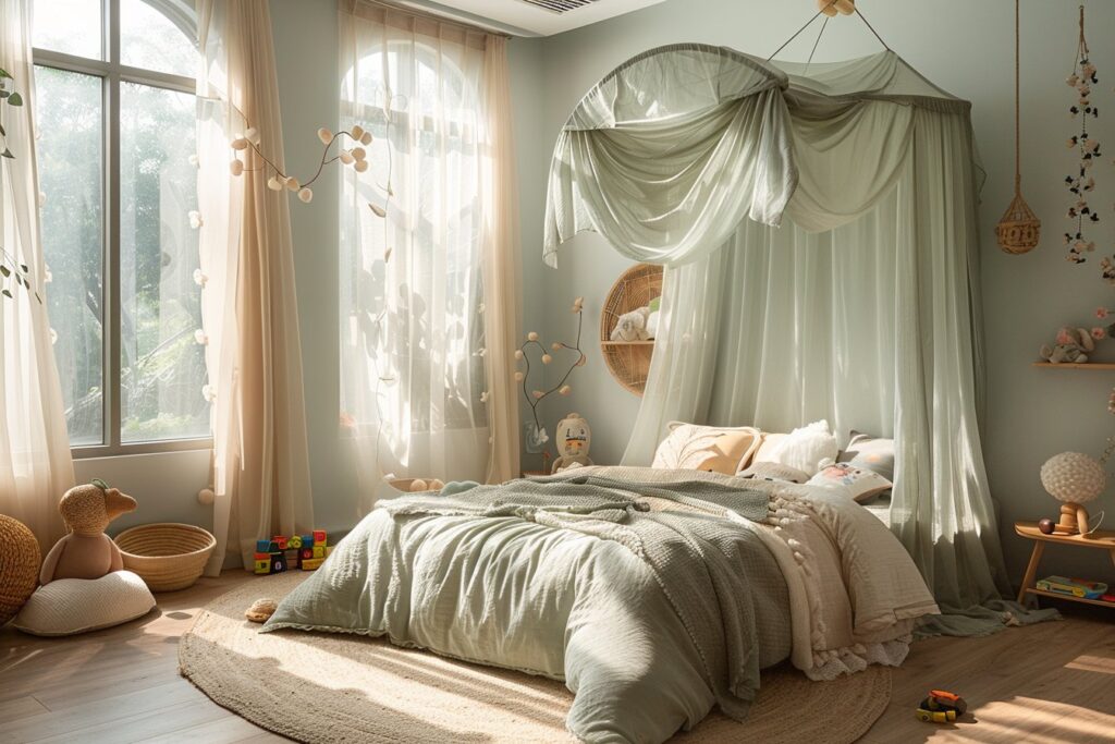 Ciel de lit vert : l’accessoire parfait pour une chambre enfantine chic et naturelle