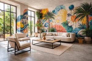 Rénovation artistique à Marseille avec fresques murales, béton ciré et mobilier design sur mesure
