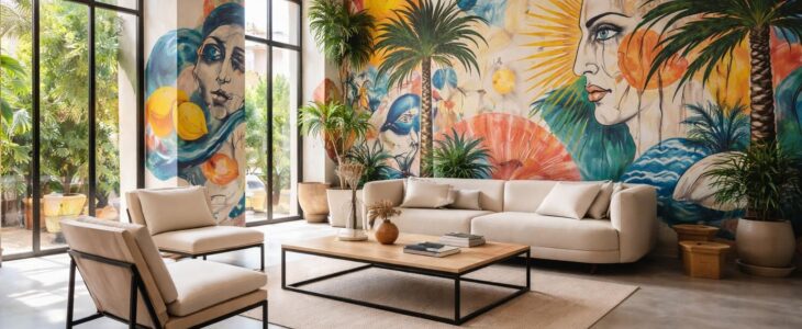 Rénovation artistique à Marseille avec fresques murales, béton ciré et mobilier design sur mesure