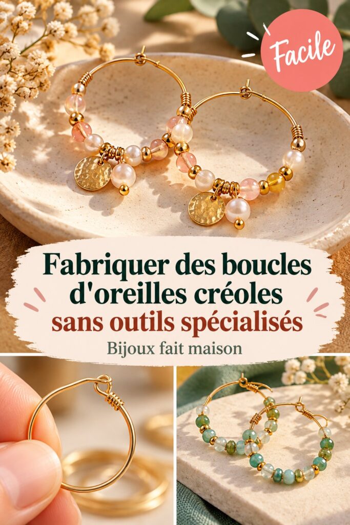 Créoles faites main accrochées à un présentoir décoratif