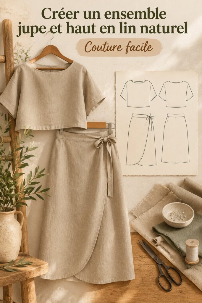 Ensemble jupe et haut en lin naturel, parfait pour l'été