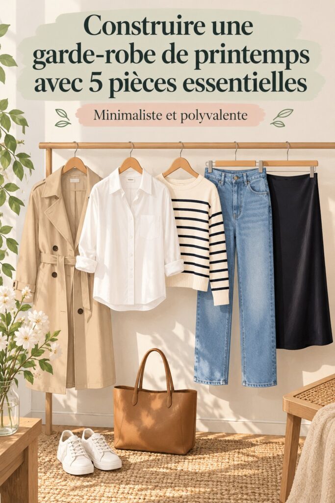 Une sélection de cinq pièces de mode printanières sur un fond ensoleillé à Marseille.