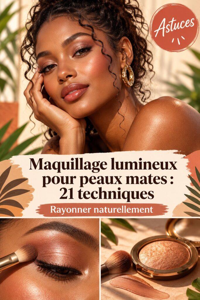 Femme avec un maquillage lumineux, peau mate rayonnante