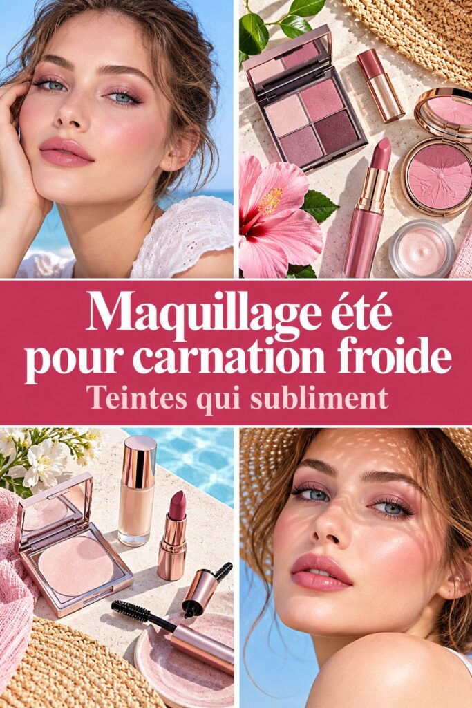 Maquillage d'été pour un teint froid, mettant en avant des couleurs fraîches.