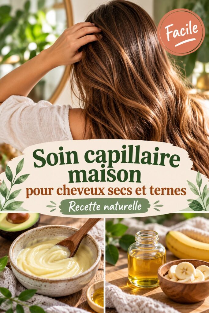 Une femme appliquant un soin capillaire nourrissant sur ses cheveux. Les ingrédients naturels sont présentés à côté d'elle.