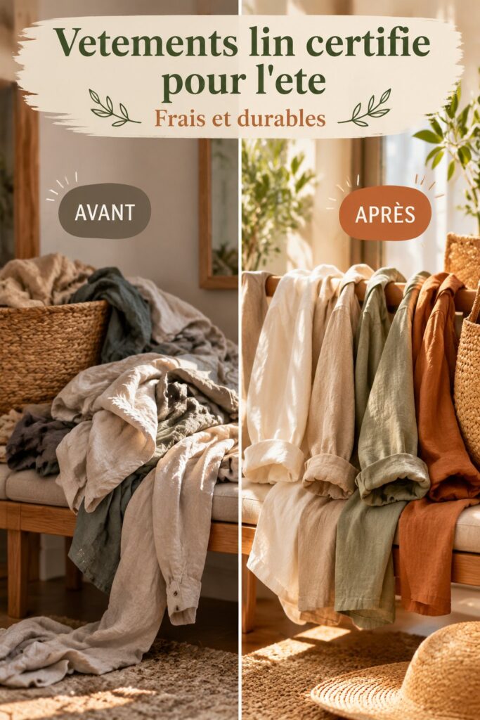 Vêtements en lin certifiés suspendus dans une boutique à Marseille, affichant des couleurs estivales.